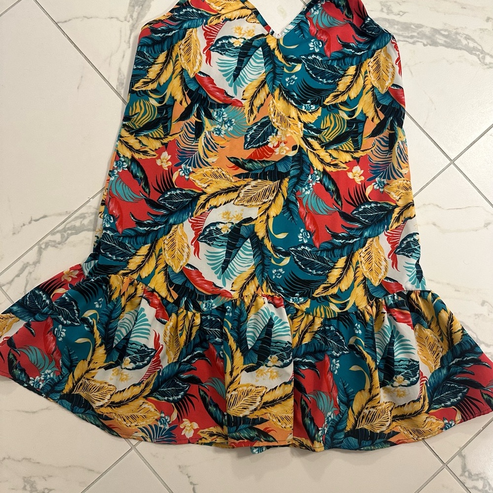 Amazon Tropical Leaf Ruffle Skirt - Teal, Red, Yellow